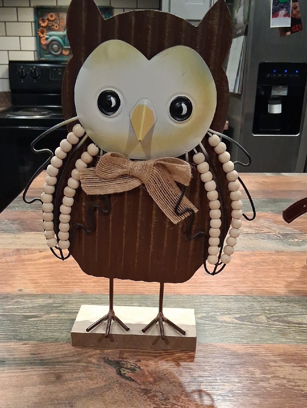 Rustic Owl Table Decor with Beaded Wings - Brown & Cream